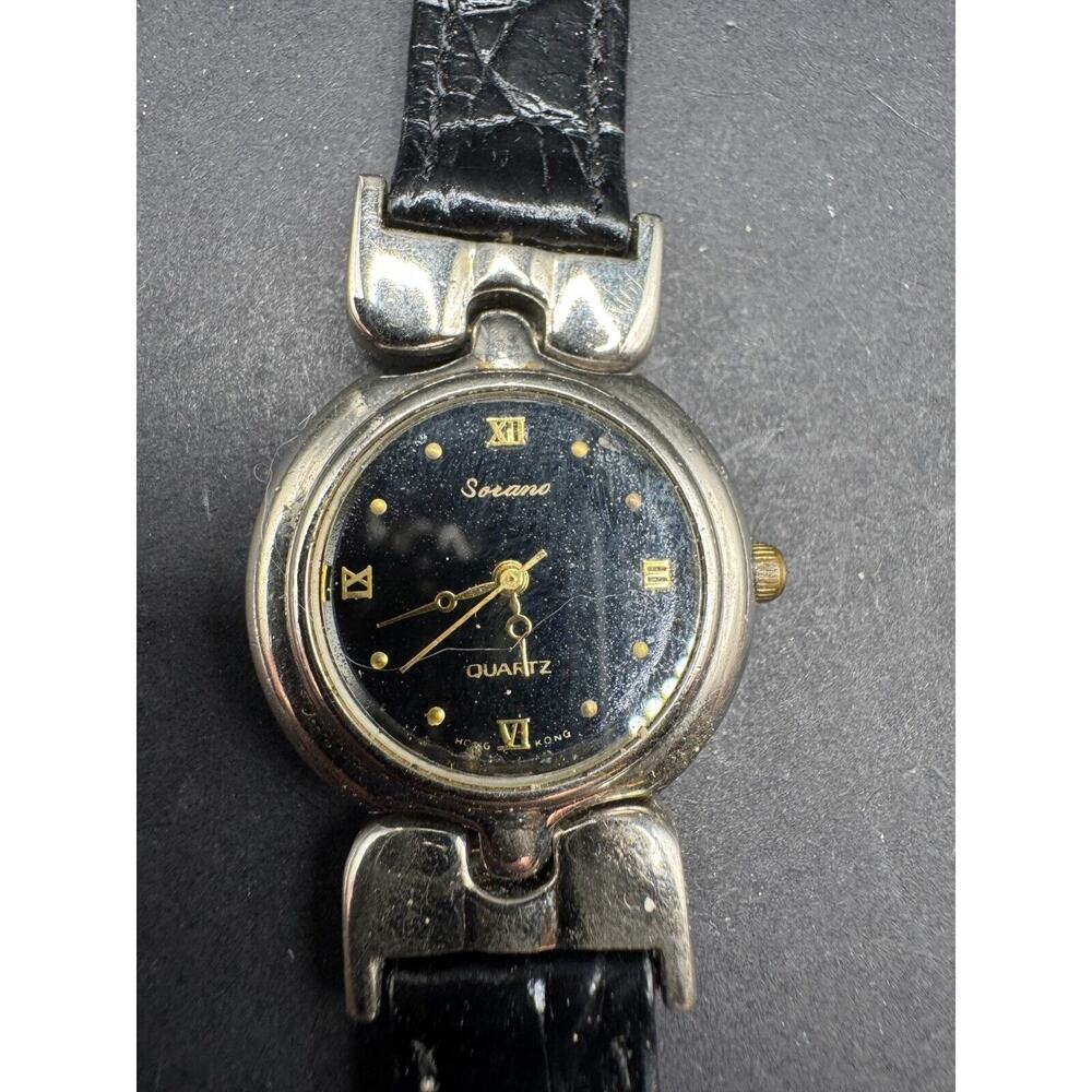 Vintage Sorano Quartz Women's Watch Black Dial Silver Face Genuine Leather Band
